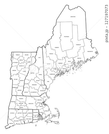 Counties of New England, outline map. Region in the Northeastern United States, consisting of the states Connecticut, Maine, Massachusetts, New Hampshire, Rhode Island, and Vermont. Isolated. Vector 127197073