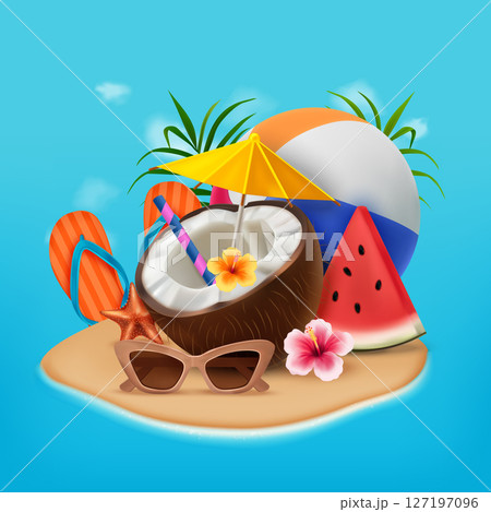 Realistic Summer Illustration with Beach Items 127197096