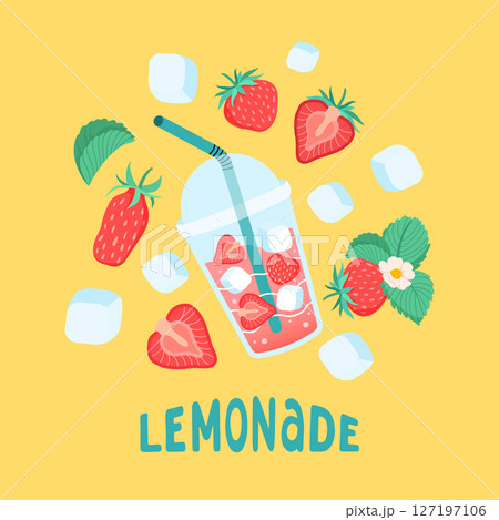 Summer square card with strawberries. Lemonades, berry, ice cube and leaves icon. Bright seasonal yellow background for cafes, menus, and advertisements. Food and drinks. Vector flat illustration. 127197106