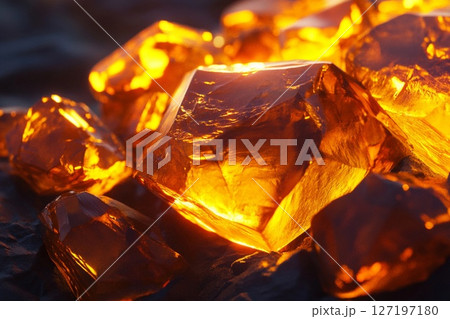 Light Dances Through Amber Stones, Creating a Golden Glow in Nature's Treasure. Generative AI 127197180