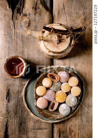 Traditional Japanese Sweets with Tea Setup Traditional Japanese Sweets with Tea Setup 127197229