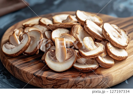 Sliced Shiitake Mushrooms Arranged Beautifully on a Wooden Board. Generative AI 127197334