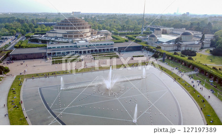 Awe aerial view on Centennial hall and pool with fountain in Wroclaw. Awe aerial view on Centennial hall and pool with fountain in Wroclaw. 127197389