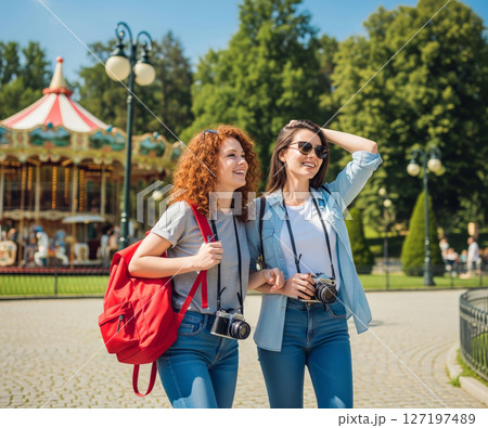 Two happy female friends with cameras walking in an amusement park on a sunny day. Two happy female friends with cameras walking in an amusement park on a sunny day. 127197489