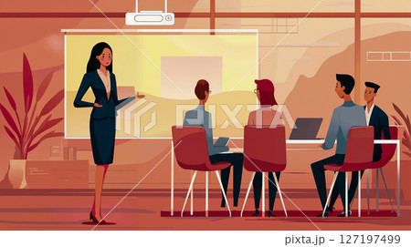 A woman giving a presentation to a group of people in a meeting room 127197499