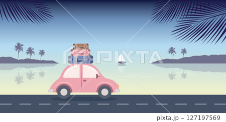 road trip adventure in the wilderness car on tropical landscape vector illustration 127197569