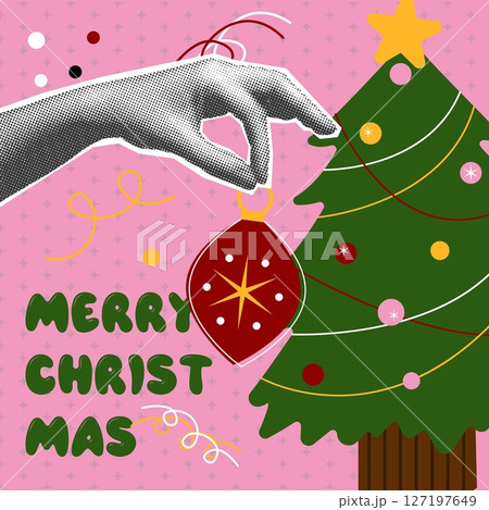 Christmas card with retro ornament and festive design. Bold, colorful halftone graphic with merry Christmas card with retro ornament and festive design. Bold, colorful halftone graphic with merry 127197649