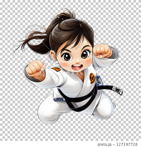 Cheerful girl in karate uniform performing powerful punch, showcasing strength and determination 127197728