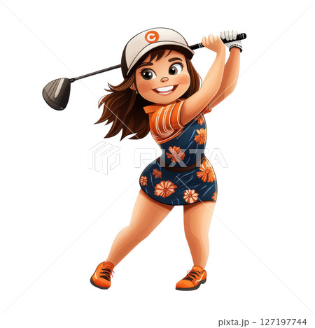Cartoon girl swinging golf club, wearing floral outfit and cap, cheerful expression 127197744