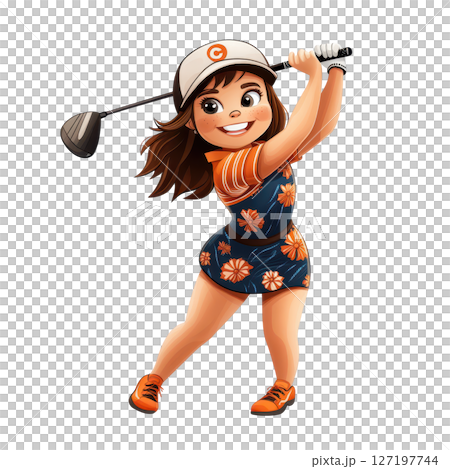 Cartoon girl swinging golf club, wearing floral outfit and cap, cheerful expression 127197744