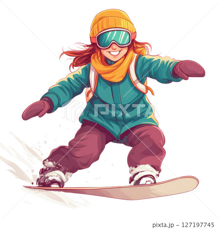 cheerful girl snowboarding down slope, wearing colorful outfit and goggles 127197745