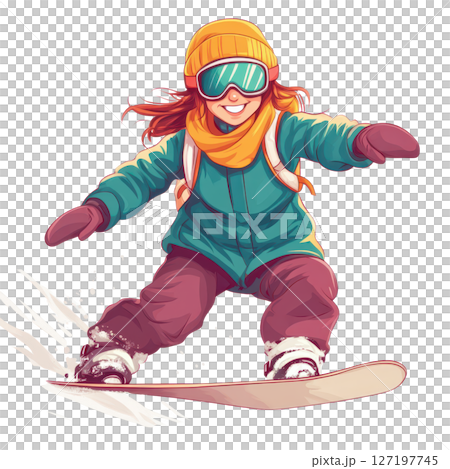 cheerful girl snowboarding down slope, wearing colorful outfit and goggles 127197745