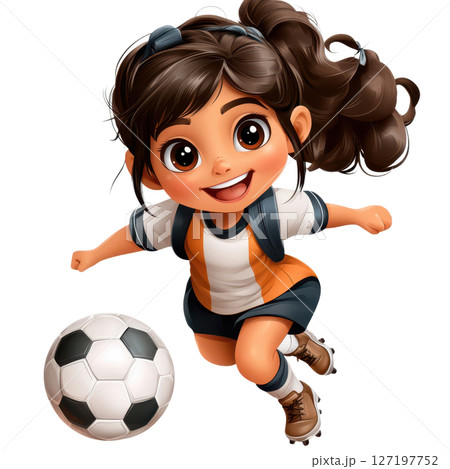 cheerful girl playing soccer, wearing sports uniform and smiling joyfully 127197752
