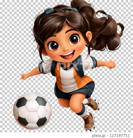 cheerful girl playing soccer, wearing sports uniform and smiling joyfully 127197752