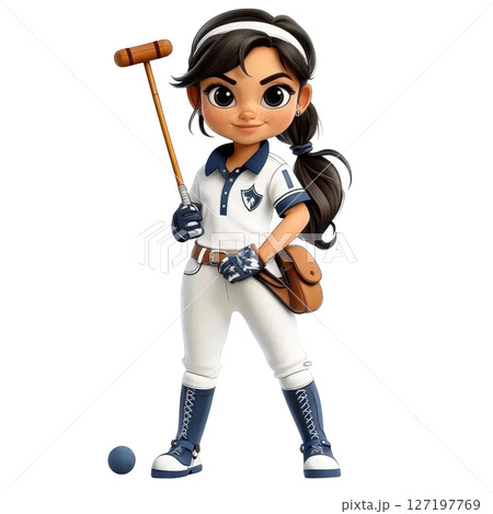Cartoon girl playing polo, wearing sporty outfit with mallet and ball Cartoon girl playing polo, wearing sporty outfit with mallet and ball 127197769