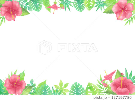 水彩風のハイビスカスのフレーム（横長・上下タイプ） 127197780