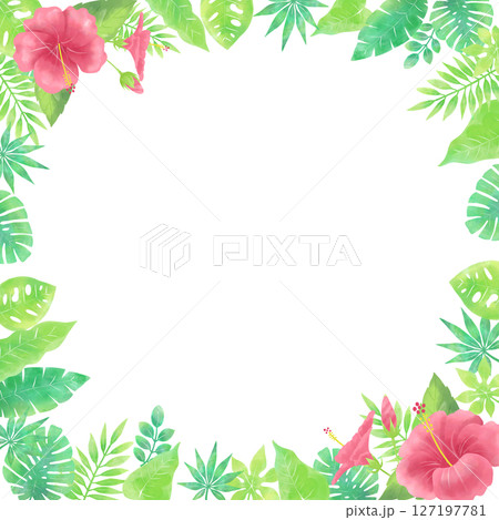 水彩風のハイビスカスのフレーム（正方形・囲みタイプ） 127197781