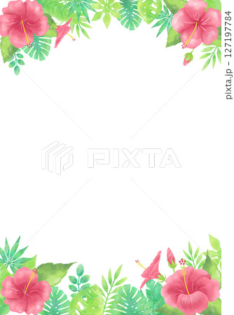水彩風のハイビスカスのフレーム(縦長・上下タイプ) 水彩風のハイビスカスのフレーム(縦長・上下タイプ) 127197784