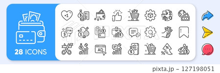 Money invest line icons. Interest rate, AI generate, Inflation icons. Finance fraud, Wallet payment and Cash bribe set. Money inflation, supply chain and credit card line icons. Vector Money invest line icons. Interest rate, AI generate, Inflation icons. Finance fraud, Wallet payment and Cash bribe set. Money inflation, supply chain and credit card line icons. Vector 127198051