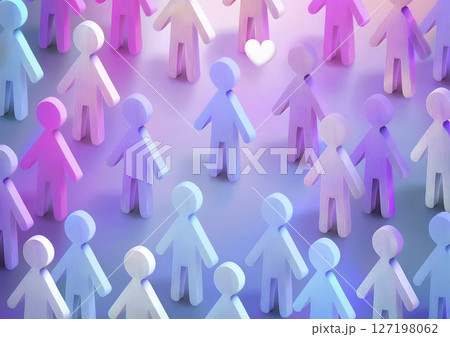 人のアイコンがランダムに立つ　出会い　白いハート　ピンク紫青系のグラデーション　男女の出会い 127198062