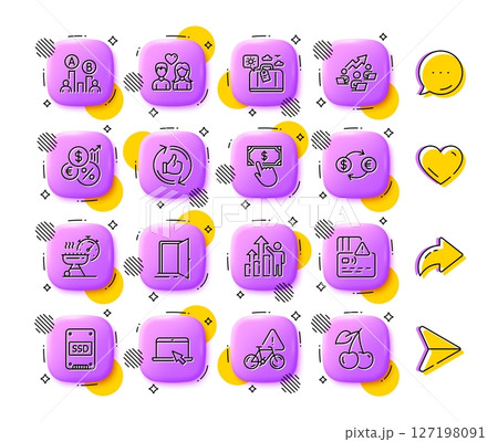 Ssd, Travel luggage and Employee results line icons. App 3d buttons. Social media comment, share, like icons. Pack of Currency exchange, Payment click, Couple love icon. Vector Ssd, Travel luggage and Employee results line icons. App 3d buttons. Social media comment, share, like icons. Pack of Currency exchange, Payment click, Couple love icon. Vector 127198091