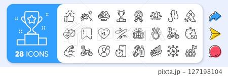 Bike, Best friend and Leadership line icons. Interest rate, AI generate, Inflation icons. Pack of Dumbbell, Arena, Mountain bike icon. Timer, Bicycle parking, Fishing rod pictogram. Vector 127198104