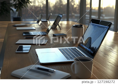 Laptops and Coffee Cups Create a Serene Workspace at Sunset. Generative AI 127198272