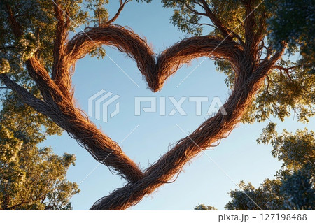 Intertwined Trees Create a Beautiful Heart Shape in Golden Sunlight. Generative AI 127198488