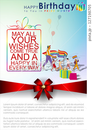 Celebrate Happy Birthday in Pride Month Moment with this vibrant vector template background, featuring a colorful LGBT rainbow design and joyful figures. Party for Pride Month campaigns . 127198705