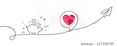 Saving money line icon. Continuous line with share plane. Piggy bank sign. 3d heart in speech bubble. Saving money single line ribbon. Loop curve pattern. Vector 127198795