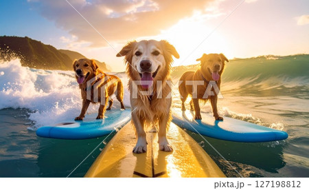 サーフボードで波に乗るゴールデンレトリバーたち サーフボードで波に乗るゴールデンレトリバーたち 127198812