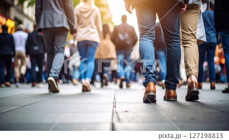 街中を行き交う人々の足元をローアングルで撮影 街中を行き交う人々の足元をローアングルで撮影 127198813