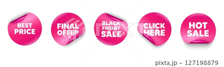 Best price sticker tag. Click here, Black friday paper price banners. Best Price tag. Special offer Sale sign. Advertising Discounts symbol. Hot sale sticker. Promo banners. Vector 127198879