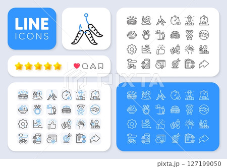 Empower, Timer and Leadership line icons for web app. Message, Share, Like social media icons. Pack of Bike courier, Winner ribbon, Cardio calendar pictogram icons. Vector 127199050