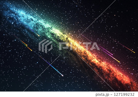 Colorful Meteor Shower Illuminates the Night Sky Over a Serene Landscape. Generative AI 127199232