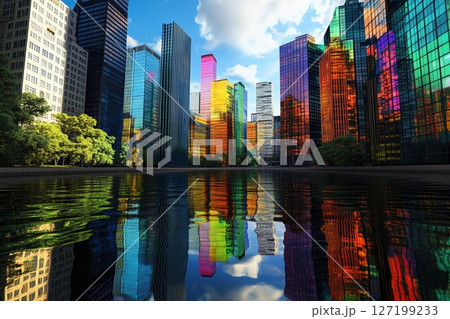 Reflections of Vibrant Skyscrapers in a Tranquil Urban Oasis. Generative AI 127199233