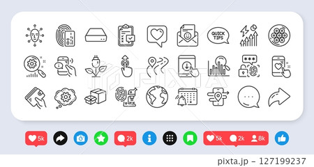Scroll down, Swipe up and Smile line icons pack. Social media: share, comment, like icons. Card, Heart rating, Search web icon. Checklist, Face biometrics, Gps pictogram. Vector 127199237