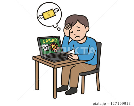 若い男性がオンラインカジノ負けて落ち込んでいるイラスト 127199912