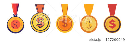 Five Gold Dollar Medals: Award Icons for Business Success 127200049