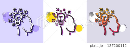 Idea line icon. Halftone dotted pattern. Gradient icon with grain shadow. Human head with light bulb sign. Inspiration symbol. Line idea icon. Various designs. Vector 127200112