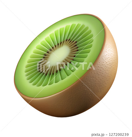 3d cartoon kiwi fruit slice isolated on transparent background, juicy green fruit, kawaii food illustration 127200239