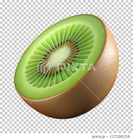 3d cartoon kiwi fruit slice isolated on transparent background, juicy green fruit, kawaii food illustration 127200239