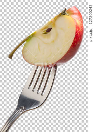 Apple slice on fork isolated on transparent background, fresh fruit snack, healthy eating concept 127200242