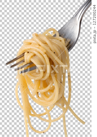 Spaghetti on fork isolated on transparent background, italian pasta dish, twirled noodles 127200244