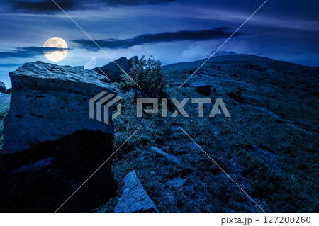 boulder on a hill under blue sky with clouds in summer at night. huge sandstone among the grass. path to the mountain top in full moon light 127200260