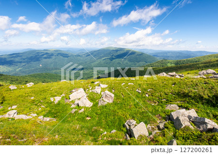 alpine scenery with green hills. view to valley. carpathian mountain landscape in summer. rocks among grass on the slope. stunning travel background. blue sky with clouds above ridge in the distance alpine scenery with green hills. view to valley. carpathian mountain landscape in summer. rocks among grass on the slope. stunning travel background. blue sky with clouds above ridge in the distance 127200261
