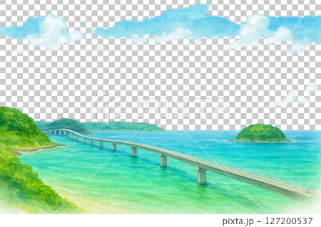 角島大橋和翠綠色的大海夏季旅行框架水彩風格插圖透明PNG 127200537