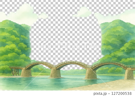 錦帶橋和夏季綠色山脈日式旅行框架水彩插圖透明PNG 錦帶橋和夏季綠色山脈日式旅行框架水彩插圖透明PNG 127200538
