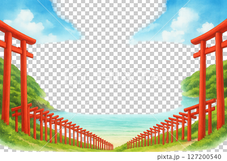 帶有元乃隅神社和藍天的夏季旅行框架水彩風格插圖透明PNG 127200540