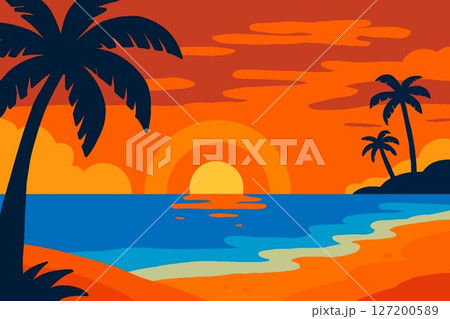 夕日に照らされる海の風景イラスト 夕日に照らされる海の風景イラスト 127200589